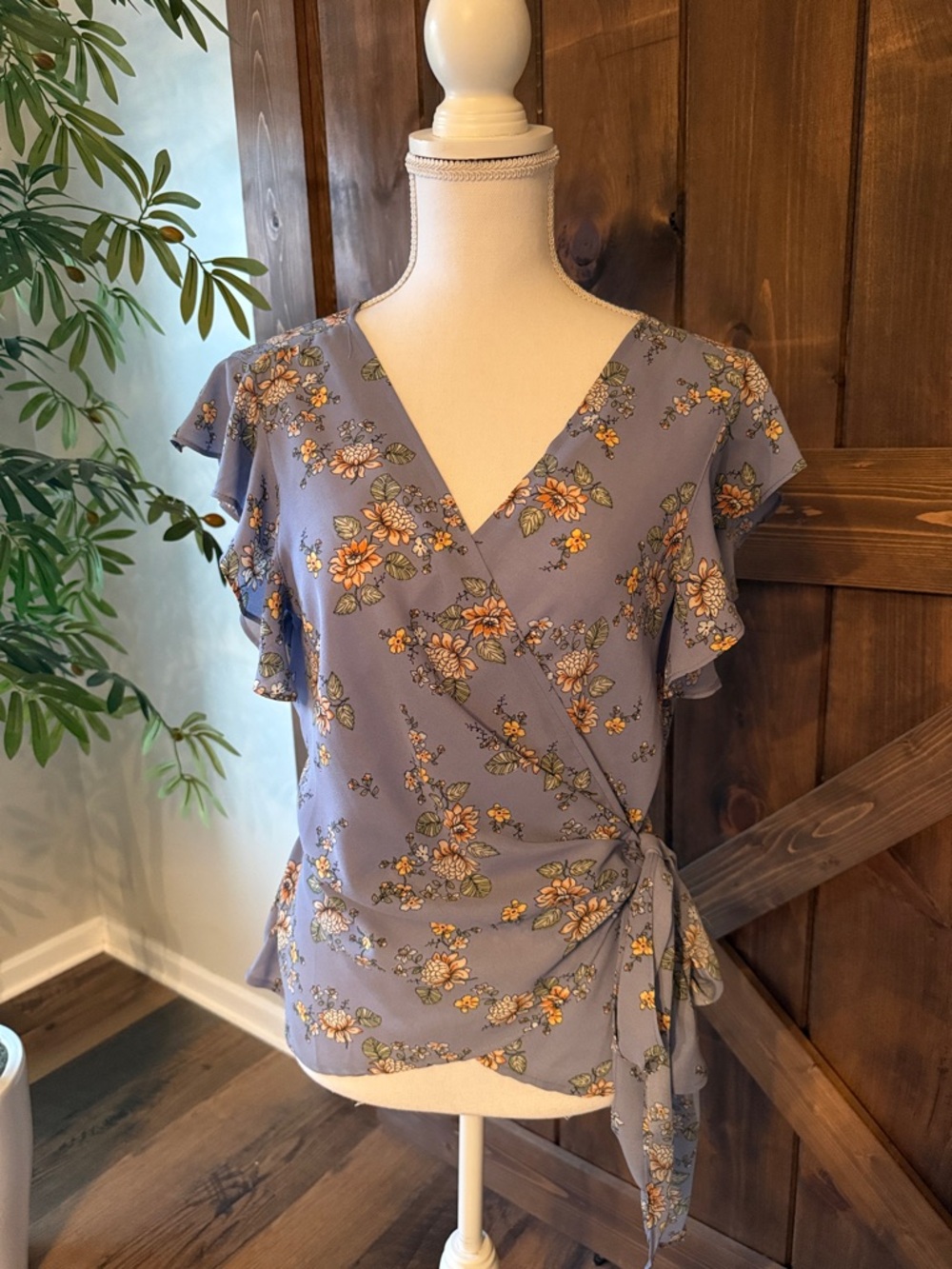 Max Studio Lavender Floral Wrap Blouse with Tie Waist